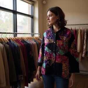 Westbound Colorful Asian Inspired Swing  Jacket Ladies XL BABYDOLL Patchwork